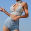 The Best Women Ladies Sequin Sparkly Halter Neck Sexy Bra Camisole Crop Top Summer Beach Lace Up Backless Solid Casual Vest Online - Hplify