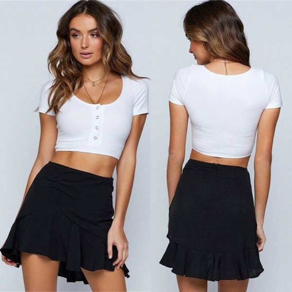 The Best Women Ladies Short Sleeve Crop Top Elegant Plain Basic Tank Party Bodycon Bandage Solid Casual Stretch Vest Tee Online - Hplify