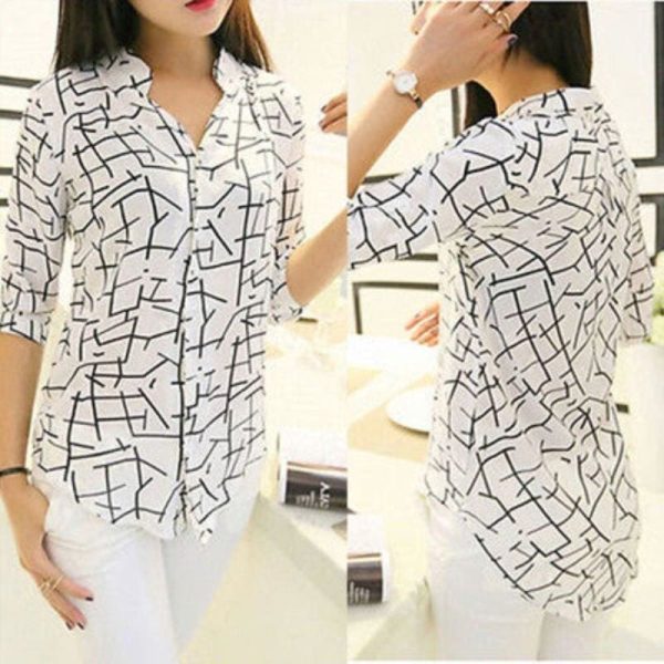 The Best Women Ladies Slim Chiffon Tops 3/4 Sleeve Shirt Fashion Summer Casual Geometric Print Blouse New Workout Shirt Online - Hplify
