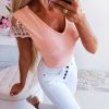 The Best Women Ladies Summer Beach Lace Vest Top Backless Blouse Short Sleeve V-Neck Solid Casual Tank Tops Shirts New Online - Hplify