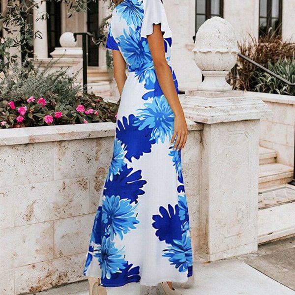 The Best Women Ladies Summer Boho Floral Maxi Dress Casual High Waist Short Sleeve O-Neck Party Holiday Beach Dress Sundress Online - Hplify