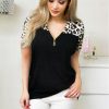 The Best Women Ladies Summer Loose Top Short Sleeve Leopard Zipper Casual V-Neck Tops T-Shirt Online - Hplify