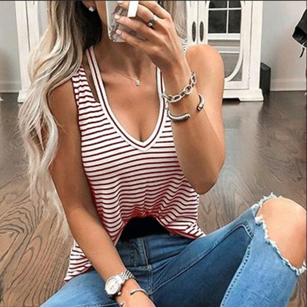 The Best Women Ladies V-Neck Vest Summer Loose Fashion Slim Striped Sleeveless Casual Beach Tank T-Shirt Top Blouse New Online - Hplify