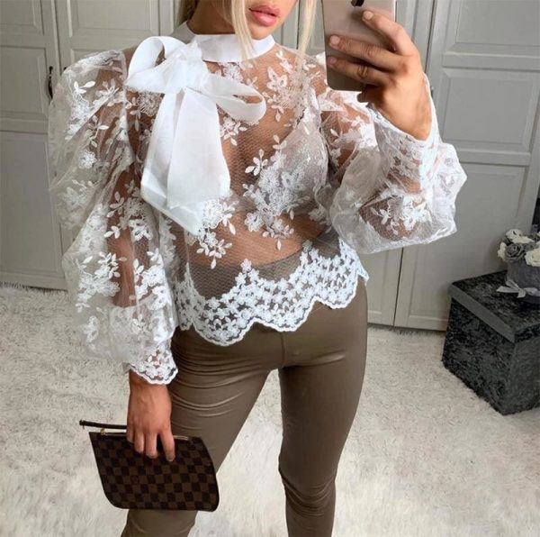 The Best Women Lady Crochet Mesh Sheer See-Through Long Puff Sleeve Tops Shirt Bow Neck Loose Casual Blouse Top Online - Hplify