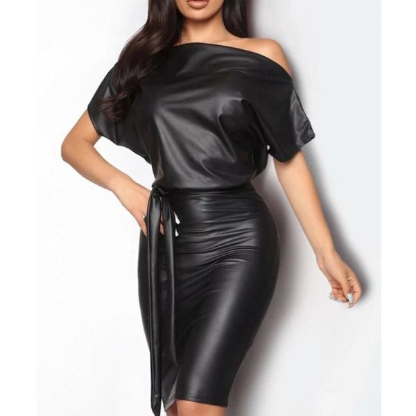 The Best Women Leather Bodycon Dress Sexy Ladies Off Shoulder Short Sleeve Club Evening Party Mini Dress Online - Hplify