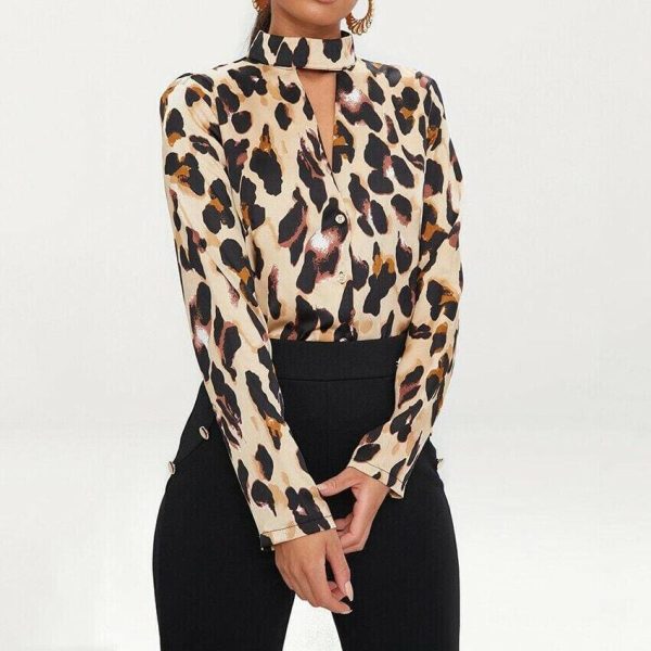 The Best Women Leopard Long Sleeve Halterneck Shirt Casual Loose Tunic Top Button Down Tee Office Ladies Work Shirt Online - Hplify