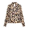 The Best Women Leopard Long Sleeve Halterneck Shirt Casual Loose Tunic Top Button Down Tee Office Ladies Work Shirt Online - Hplify