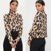 The Best Women Leopard Long Sleeve Halterneck Shirt Casual Loose Tunic Top Button Down Tee Office Ladies Work Shirt Online - Hplify