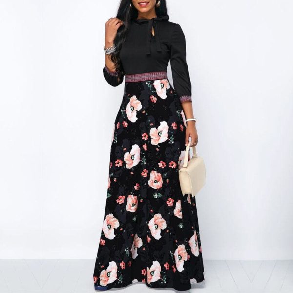 The Best Women Long Maxi Dresses Boho Floral Hollow Neck Three Quarter Sleeve Ethnic Summer Beach Female Stylish Style Dress Online - Hplify