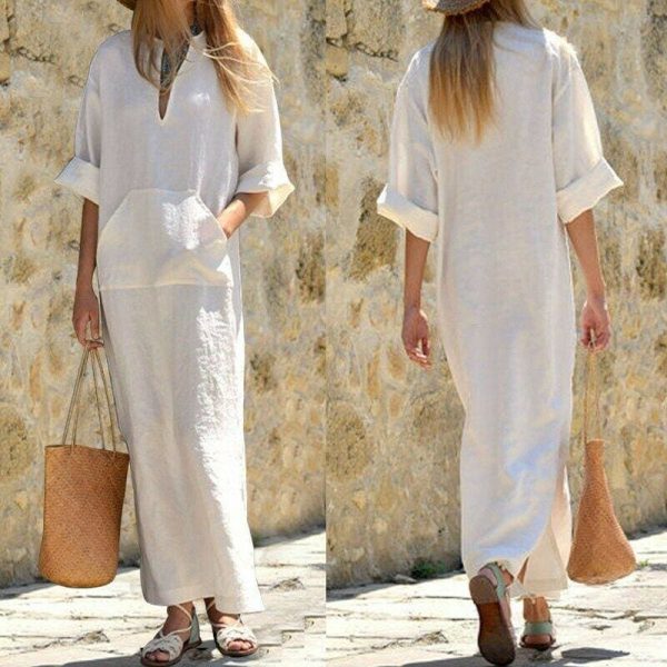 The Best Women Long Maxi Dresses Ladies Half Sleeve Pocket Solid Summer Casual V Neck Split Maxi Dress Vintage Linen Sundress Online - Hplify
