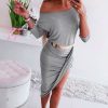 The Best Women Long Sleeve Boho Solid Elegant Sexy Off Shoulder Dress Ladies Summer Sundress Holiday Split Evening Party Gown Dress Online - Hplify