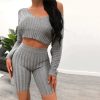 The Best Women Long Sleeve Crop Top and Short Pant Suit Elegant Casual Plain Tight Stretch home wear 2 Piece Set Online - Hplify