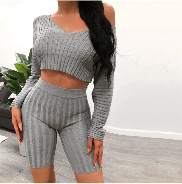 The Best Women Long Sleeve Crop Top and Short Pant Suit Elegant Casual Plain Tight Stretch home wear 2 Piece Set Online - Hplify
