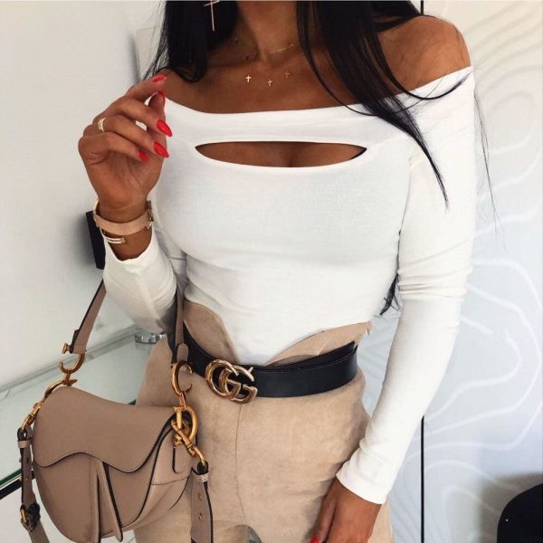 The Best Women Long Sleeve Hollow Out T Shirt Streetwear Party Club Bodycon Slim T Shirt Spring Autumn Winter Ladies Casual Tee Tops Online - Hplify