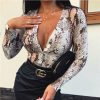 The Best Women Long Sleeve Leopard Skin Prinetd Bodysuit Autumn Casual Jumpsuit Bodysuit Slim V Neck Leotard Tops Fashion Slim Bodysuit Online - Hplify