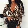 The Best Women Long Sleeve Leopard Skin Prinetd Bodysuit Autumn Casual Jumpsuit Bodysuit Slim V Neck Leotard Tops Fashion Slim Bodysuit Online - Hplify