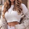 The Best Women Long Sleeve Ribbed Crop Tops Tee Fashion Ladies Crew Neck Stretch Autumn Casual Solid Loose Blouse Shirt Online - Hplify