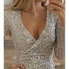 women long sleeve sequin dress sexy v neck night club party dress mini ruched vestidos de verano - Hplify