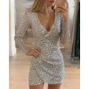 women long sleeve sequin dress sexy v neck night club party dress mini ruched vestidos de verano - Hplify