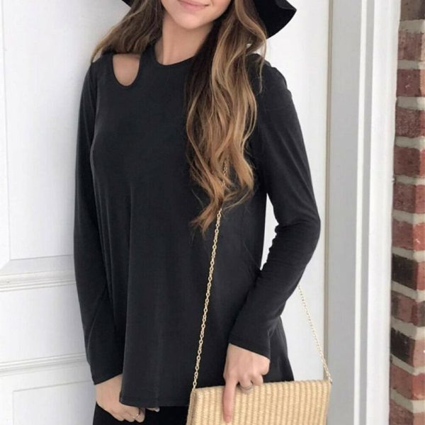 The Best Women Long Sleeve Shirt Tops Ladies Crew Neck Solid Casual Hollow Out Blouse Online - Hplify