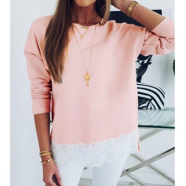 The Best Women Long Sleeve T shirt Loose Lace Top Ladies Tee shirt Femme Fashion Cute Sweet Shirt Casual Streetwear Online - Hplify