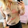 The Best Women Long Sleeve V-neck Button Letter Print Shirt New Fashion OL Ladies Casual Long Sleeve Shirt 2 Colors Online - Hplify