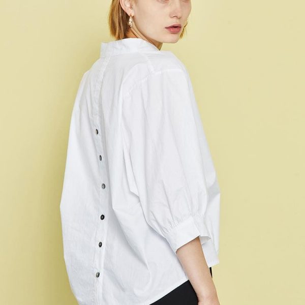The Best Women Loose Blouse Cotton Back Button Solid V-Neck Casual Shirt Online - Source Silk