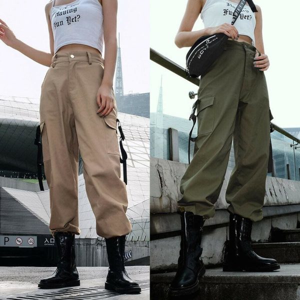 The Best Women Loose Causal Trousers Costume High Waist Chain Combat Cargo High Waist Harem Hip Hop Outdoor Military Pocket Pants Online - Hplify