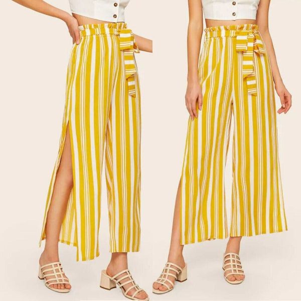The Best Women Loose Stripe Slit Boho Beach Harem Wide Leg Casual Pants Ladies Fashion High Waist Palazzo Trousers Online - Hplify