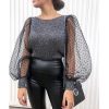 The Best Women Mesh Long Sleeve Knitwear See-through Puff Sleeve Autumn Winter Lady Casual Knitted Tops Jumper Blouse Shirt Online - Hplify