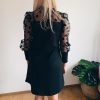 The Best Women Mesh Puff Polka Dot Long Sleeve Ribbed Dress Autumn Casual Ladies High Neck Bodycon Party Mini Dresses Online - Hplify
