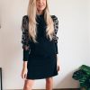 The Best Women Mesh Puff Polka Dot Long Sleeve Ribbed Dress Autumn Casual Ladies High Neck Bodycon Party Mini Dresses Online - Hplify