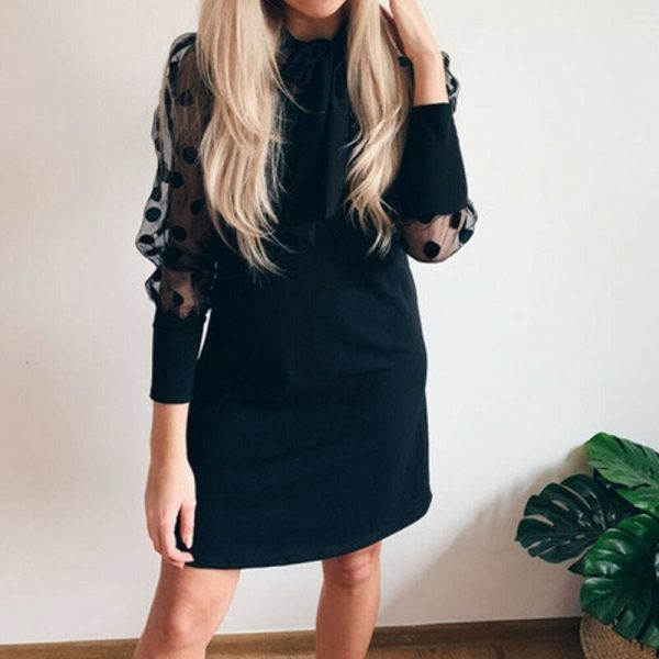 The Best Women Mesh Puff Polka Dot Long Sleeve Ribbed Dress Autumn Casual Ladies High Neck Bodycon Party Mini Dresses Online - Hplify