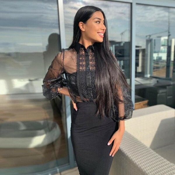 The Best Women Mesh Sheer Blouse See-through Hollow Deep V Lace Crop Top Long Sleeve Top Shirt Sexy Lace Black Shirt Female Blusas Online - Hplify