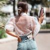 The Best Women Mesh Sheer Blouse See-through Long Sleeve Top Shirt Blouse Fashion Pearl Button Transparent White Shirt Female Blusas Online - Hplify