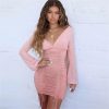 The Best Women Mesh Sheer Long Sleeve Bandage Bodycon Evening Party Club Mini Dress Ladies Deep V Neck Backless Dress Online - Hplify