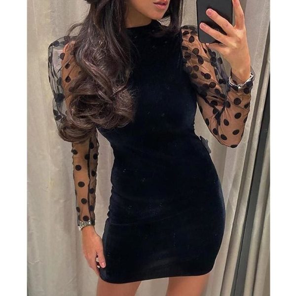 The Best Women Mesh Sheer Long Sleeve Dress Bodycon Backless Party Club Mini Dress Polka Dot Puff Sleeve Slim Dresses Online - Hplify