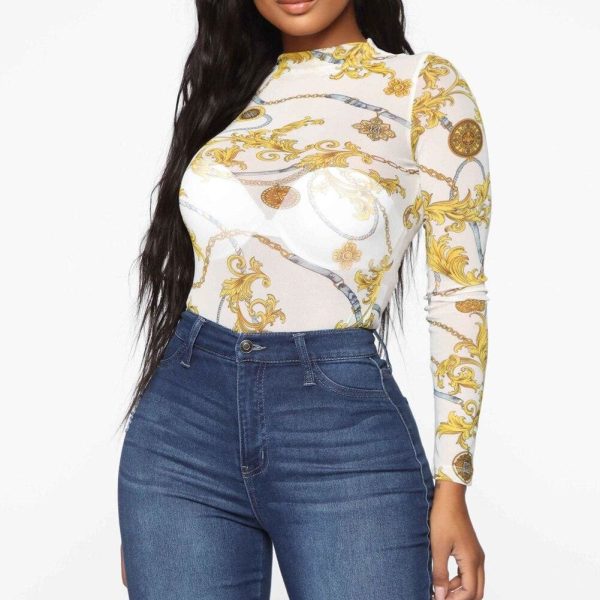 The Best Women Mesh Sheer Net See-through T shirt Ladies Long Sleeve Floral Slim FIt Crop Top Shirt Tee Summer Clothing Online - Hplify