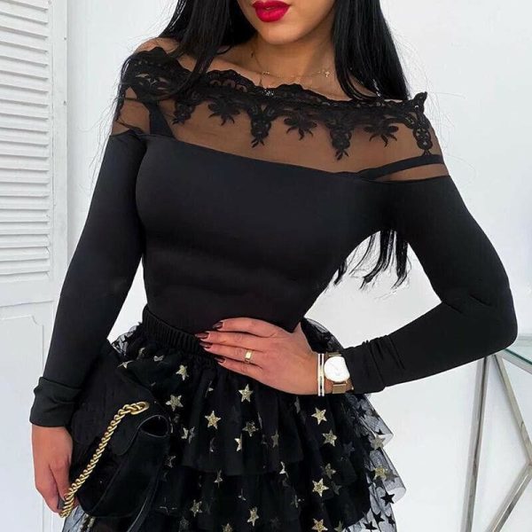 The Best Women Mesh Sheer See-through Patchwork Tee Shirt Tops Long Sleeve Lace Off Shoulder Slim Fit Blouse Online - Hplify