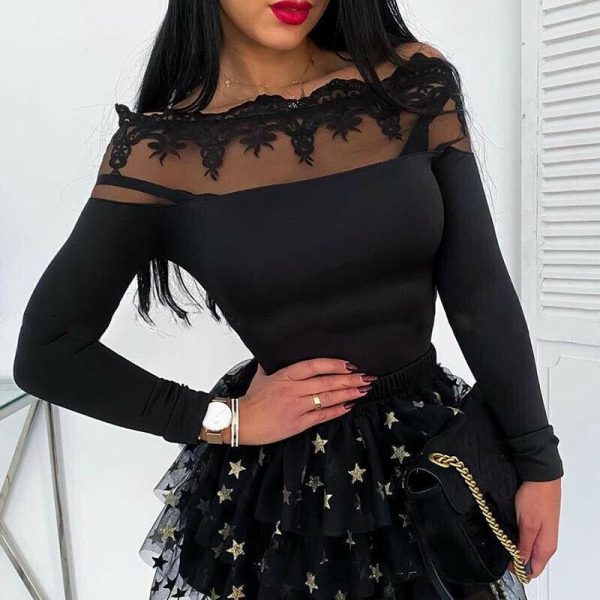 The Best Women Mesh Sheer See-through Patchwork Tee Shirt Tops Long Sleeve Lace Off Shoulder Slim Fit Blouse Online - Hplify