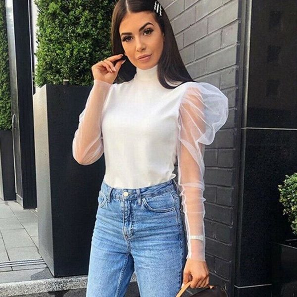 The Best Women Mesh Sheer See Through Puff Sleeve T-Shirt Crop Top Ladies Turtle Neck Autumn Casual Slim Tee Tops Online - Hplify