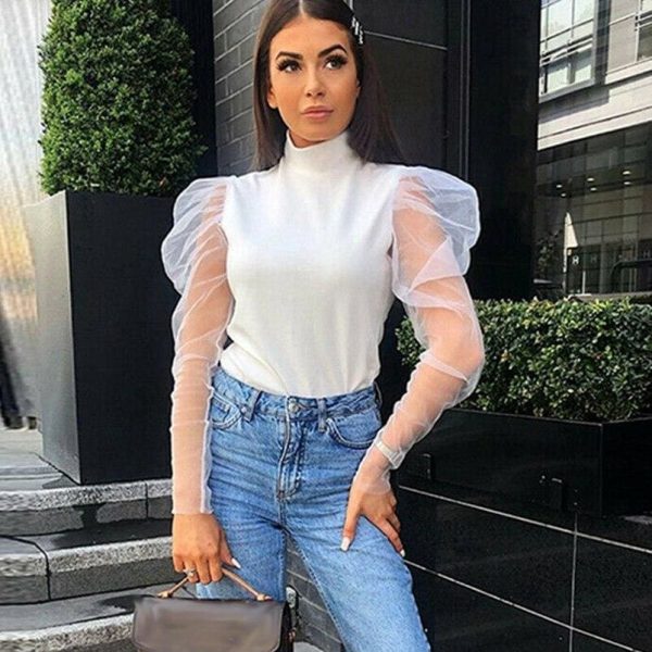The Best Women Mesh Sheer See Through Puff Sleeve T-Shirt Crop Top Ladies Turtle Neck Autumn Casual Slim Tee Tops Online - Hplify