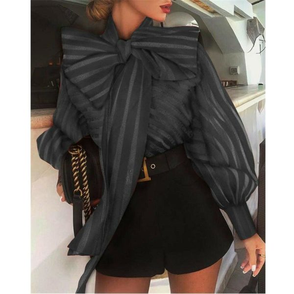 The Best Women Mesh Shirt Ladies Office Work Casual See Through Bowknot Long Lantern Sleeve Striped Tops Blouse Shirts Online - Hplify