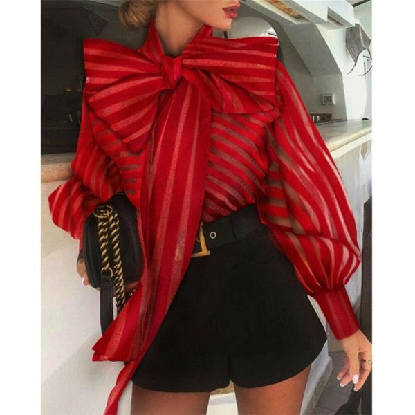 The Best Women Mesh Shirt Ladies Office Work Casual See Through Bowknot Long Lantern Sleeve Striped Tops Blouse Shirts Online - Hplify