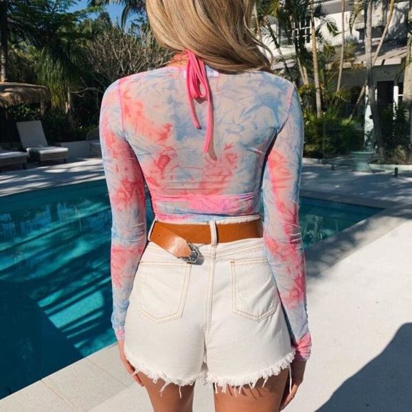 The Best Women Mesh Transparent Shirts Skinny Long Sleeve O-Neck Crop Tops See-through Print Lady Women T shirt Tops Online - Hplify
