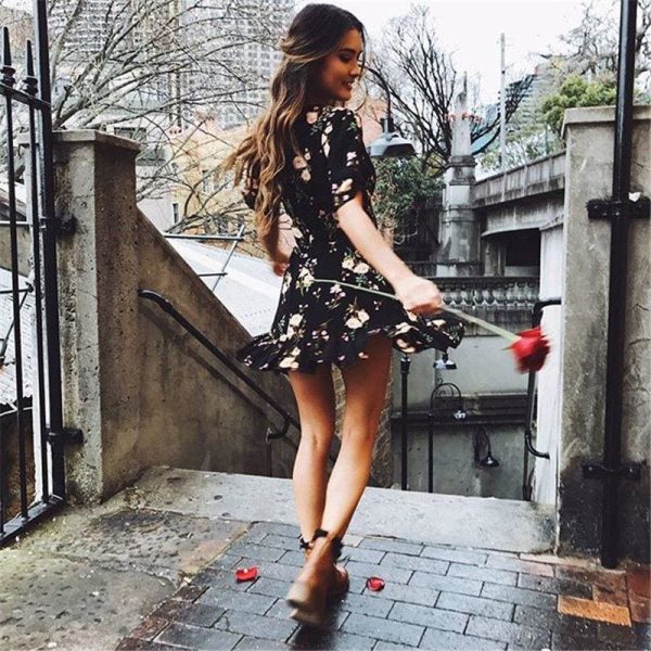 The Best Women Mini Boho Floral Dress Summer Beach Short Sleeve V-Neck Party Bohemian Beach Dress Summer Style Online - Hplify