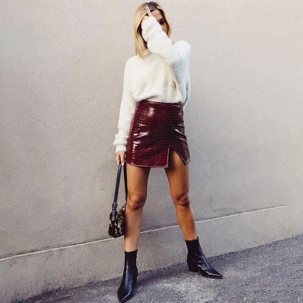The Best Women Mini Skirt High Waist Side Split Faux Leather Club Party Bodycon Pencil Skirt for Girls Streetwear Online - Hplify