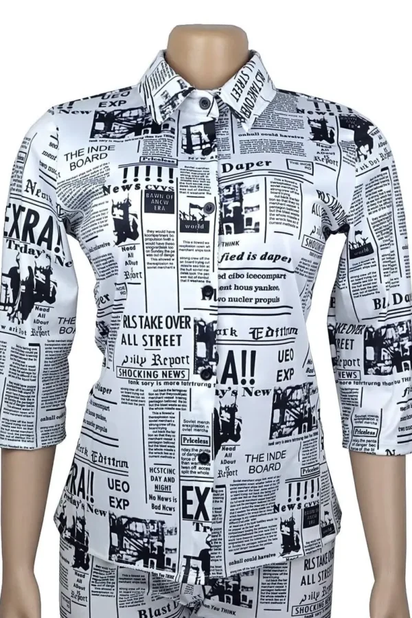 The Best Women Newspaper Print Casual Blouse Top + Sexy Long Pants Set 2Pcs Outfits Clothes Set Plus Size Online - Hplify