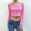 The Best Women Off Shoulder Crop Top Long Sleeve T-shirt Fashion Autumn Ladies Slim Zipper Tops Holiday Party T-shirts Online - Hplify