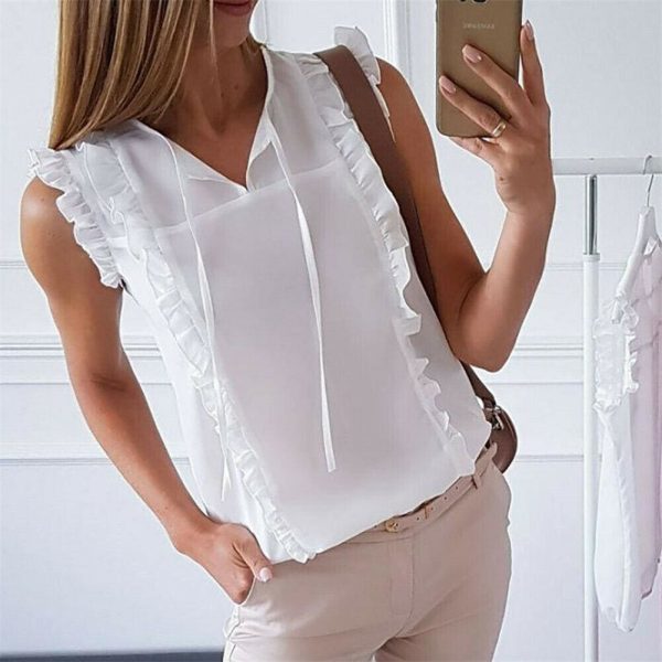 The Best Women Office Ruffle Shirt Tank Top Summer Sleeveless V Neck OL Ladies Loose Blouse Tunic Tops Summer Clothing Online - Hplify